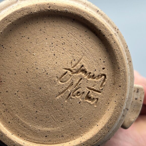 Vintage Studio Pottery Pitcher with Incised Wheat Design and Speckled Stoneware - Picture 7 of 8